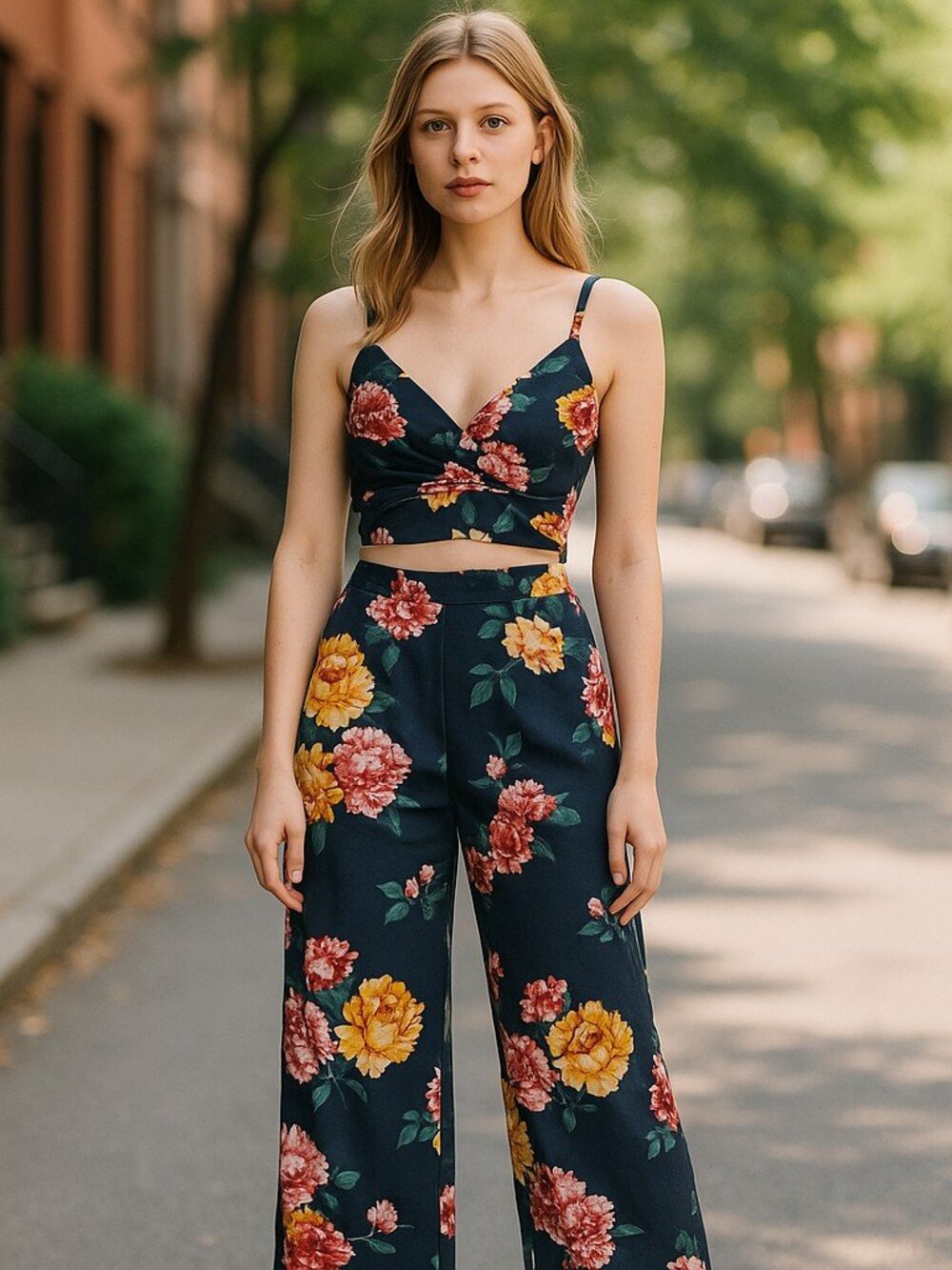 VERY SEXY Navy Floral CBR Split Leg Crop Top Pants Set Ladies SMALL